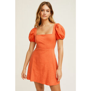 Aritzia Sunday Best Puff Sleeve Mini Dress Coral Linen Blend Square Neck Size 2